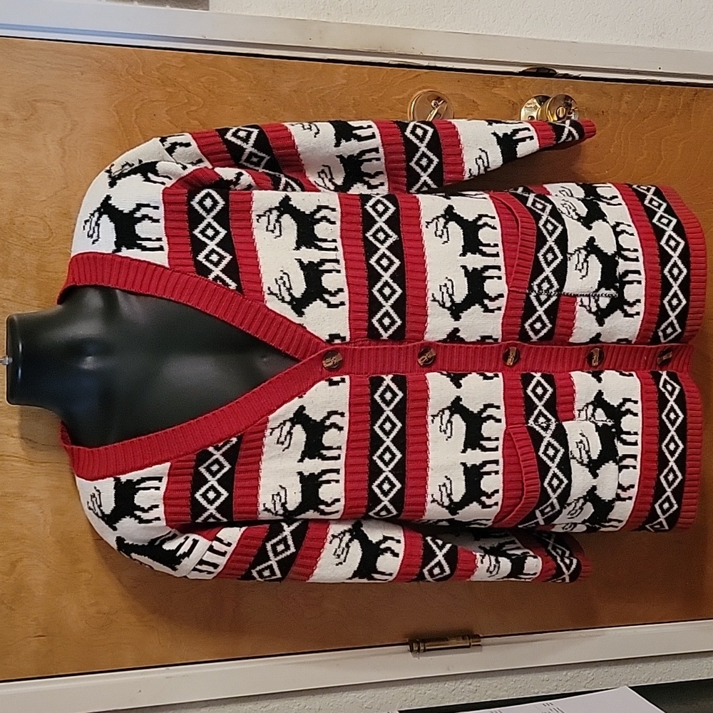Cardigan Red Black Button Sweater Reindeer Ugly. “Merry Christmas V28' XXL